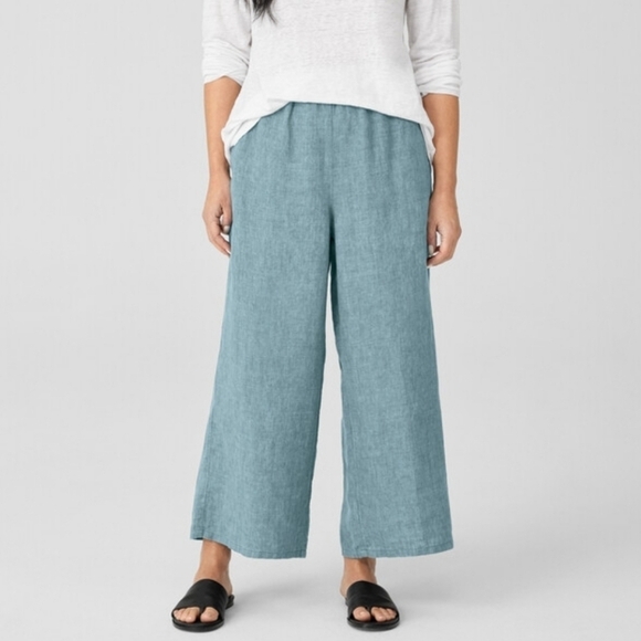 Eileen Fisher Pants - EILEEN FISHER Washed-Organic-Linen Délavé Wide-Leg Cropped Pants Blue Sz Medium